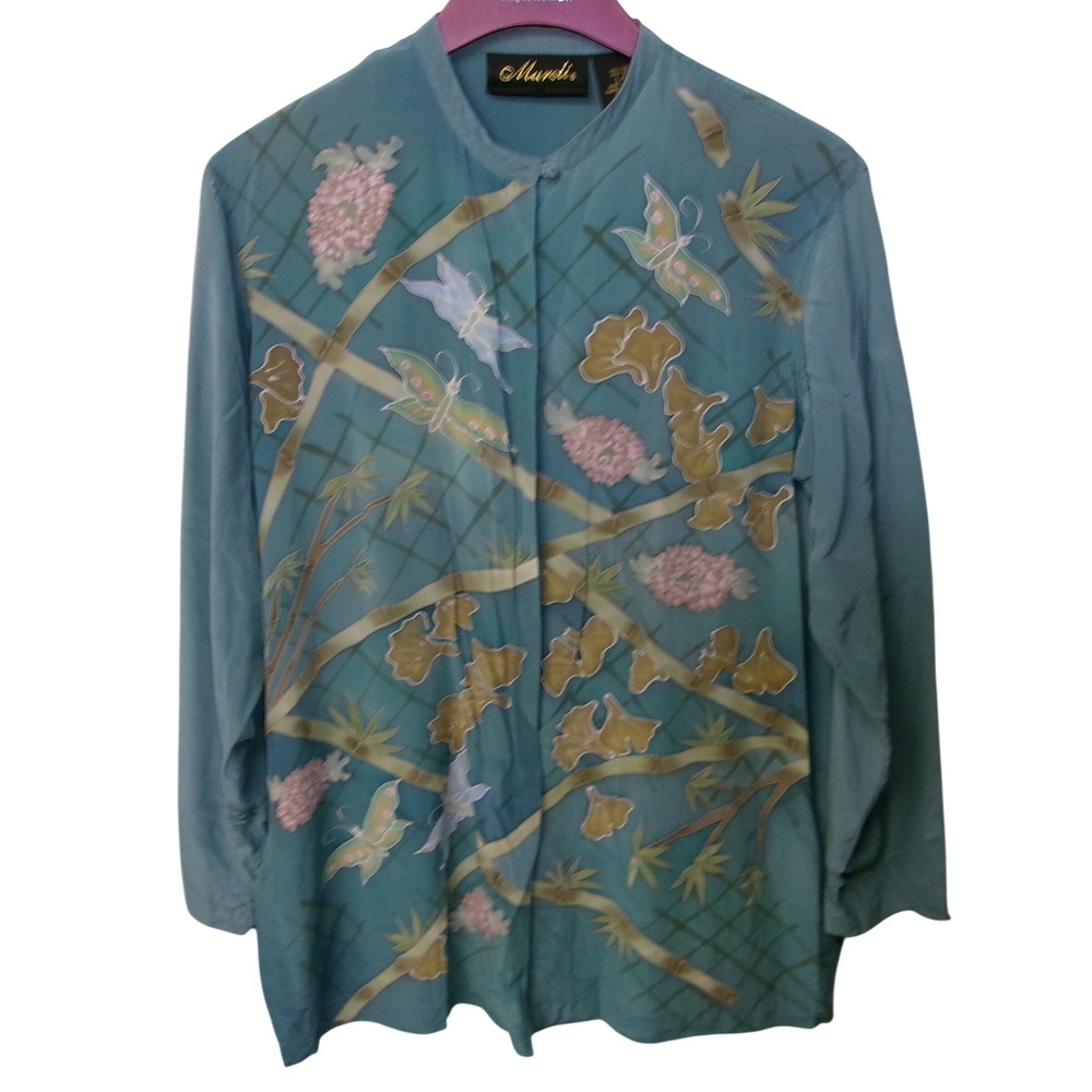 Mureli Women's Teal Blue 100% Silk Hand Painted Butterfly Bamboo Blouse Large